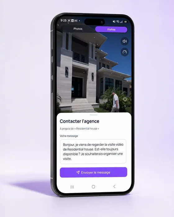 Visite vidéo d'un bien dans l'application mobile, avec le formulaire de contact de l'agence