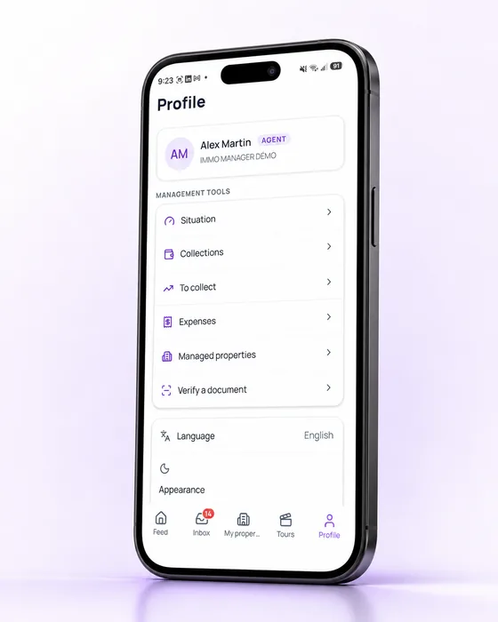 Espace agent de l'application mobile Immo Manager : situation, encaissements, dépenses et biens gérés