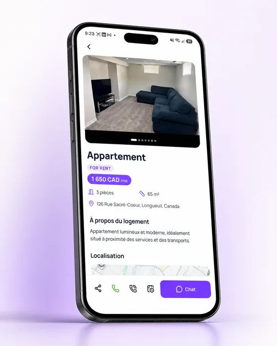 Fiche d'un appartement dans l'application mobile Immo Manager : photo, loyer mensuel, surface, adresse et bouton de contact
