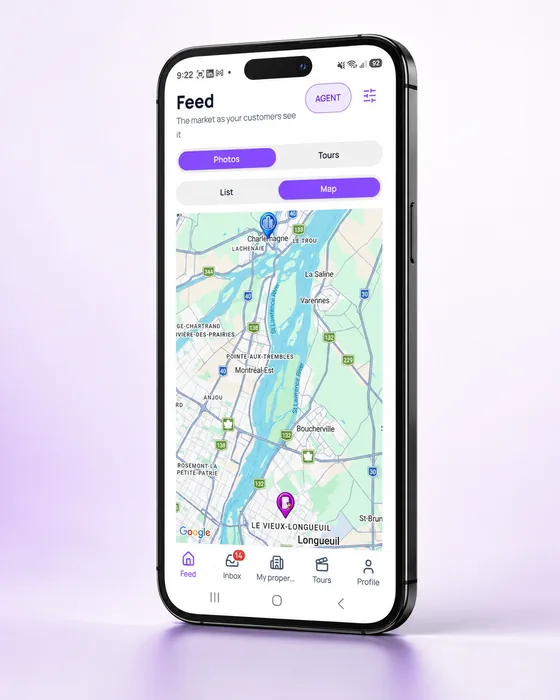 Carte des biens disponibles dans l'application mobile Immo Manager