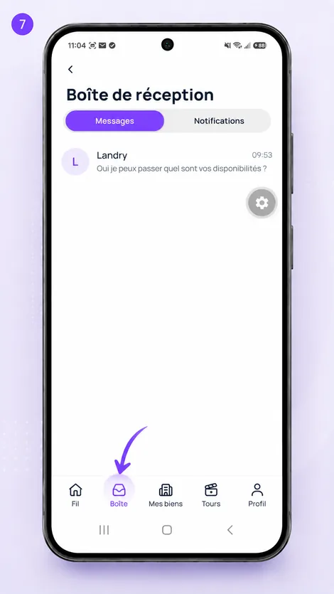 La boîte de réception, avec les messages et notifications des prospects