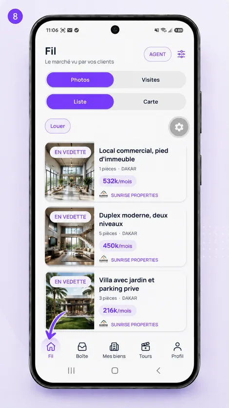 Le fil Découvrir de l'application Immo Manager, avec des annonces en photos et en vidéo