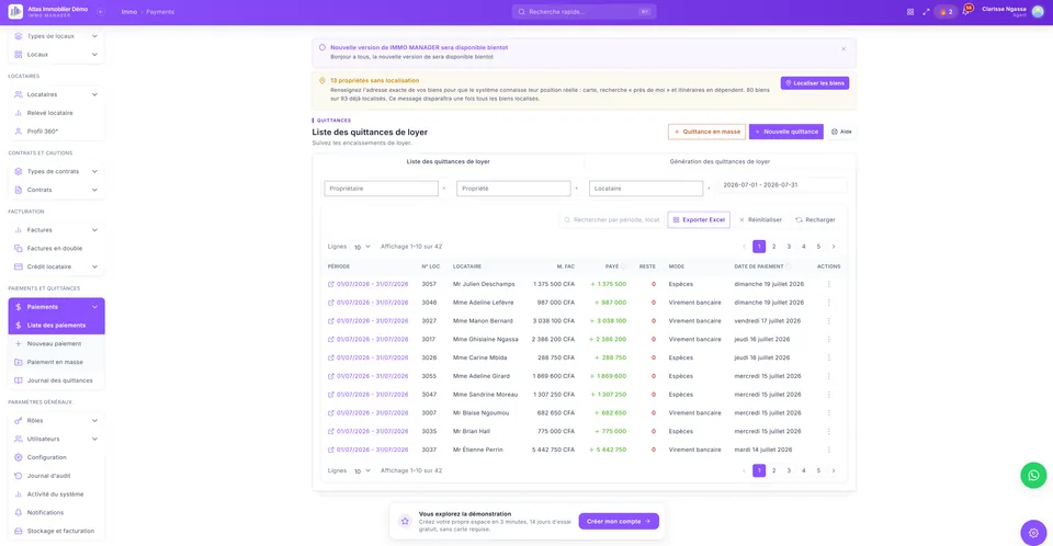 Liste des quittances de loyer : période, locataire, montant facturé, montant payé, reste dû, mode de paiement (espèces, virement bancaire) et date d'encaissement, avec quittance en masse et export Excel
