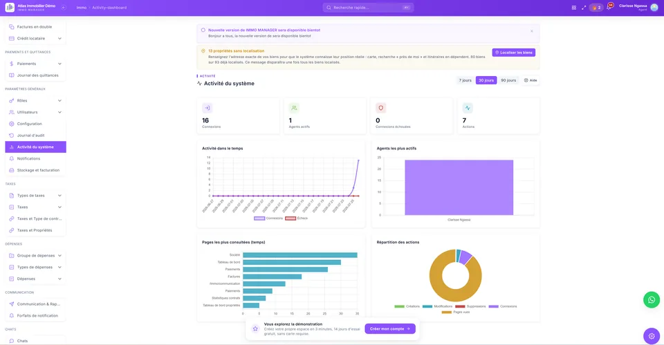 Activité du système : connexions, agents actifs, pages consultées et répartition des actions par type, pour l'audit et la sécurité